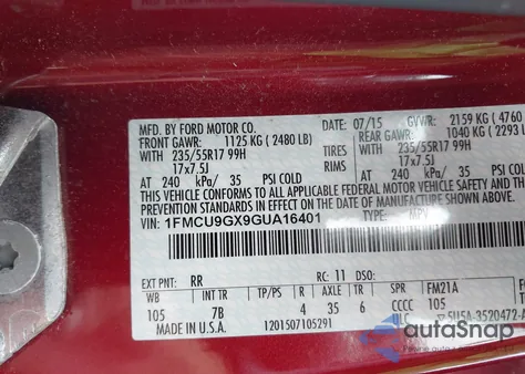 2016 Ford Escape Se из США, поврежденный, VIN 1FMCU9GX9GUA16401